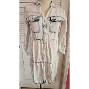 Velvet Heart Shirt Dress Distressed Bleached Denim Tencel Roll Tab Sleeve XS‎ S